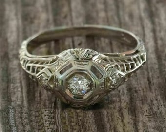 Filigree Art Deco Ring, Round Moissanite Diamond Wedding Ring, 925 Silver Vintage Inspire Ring, Antique Engagement Ring, Anniversary Gift