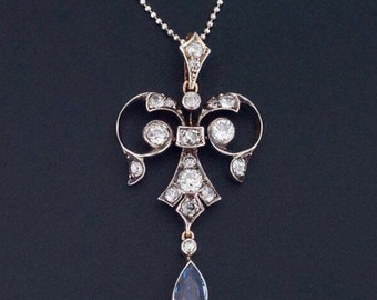 Blue Sapphire Teardrop Necklace, Pear & Round Cut CZ Stone Pendant, Art Nouveau Necklace For Women, Victorian Art Deco Vintage Style Pendant
