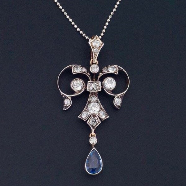 Blue Sapphire Teardrop Pendant, Pear With Round Cut CZ Diamond Pendant, Art Nouveau Pendant For Women, Victorian Art Deco Vintage Pendant