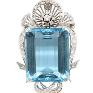 Aquamarine Emerald Cut CZ Stone Pendant & Brooch, Antique Vintage Style Two In One Jewelry, Victorian Art Deco Pendant-Brooch, Fine Jewelry