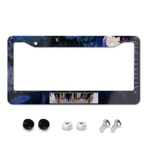 May include: A rectangular license plate frame featuring a dark blue and black graphic design with the text SOLO LEVELING printed vertically on the right side. The bottom center displays a character with glowing blue eyes. Includes two black caps, two white washers, and two metal screws.