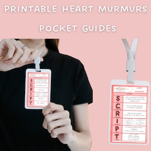May include: Two white laminated pocket guides with red and white text. The guides are on lanyards and feature the acronym "SCRIPT" with a description of each letter. The guides are titled "Heart Murmurs".