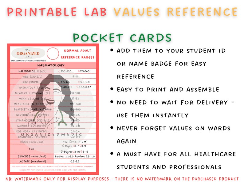 Printable Lab Values Reference Cards for Healthcare (PDF Download) - Etsy