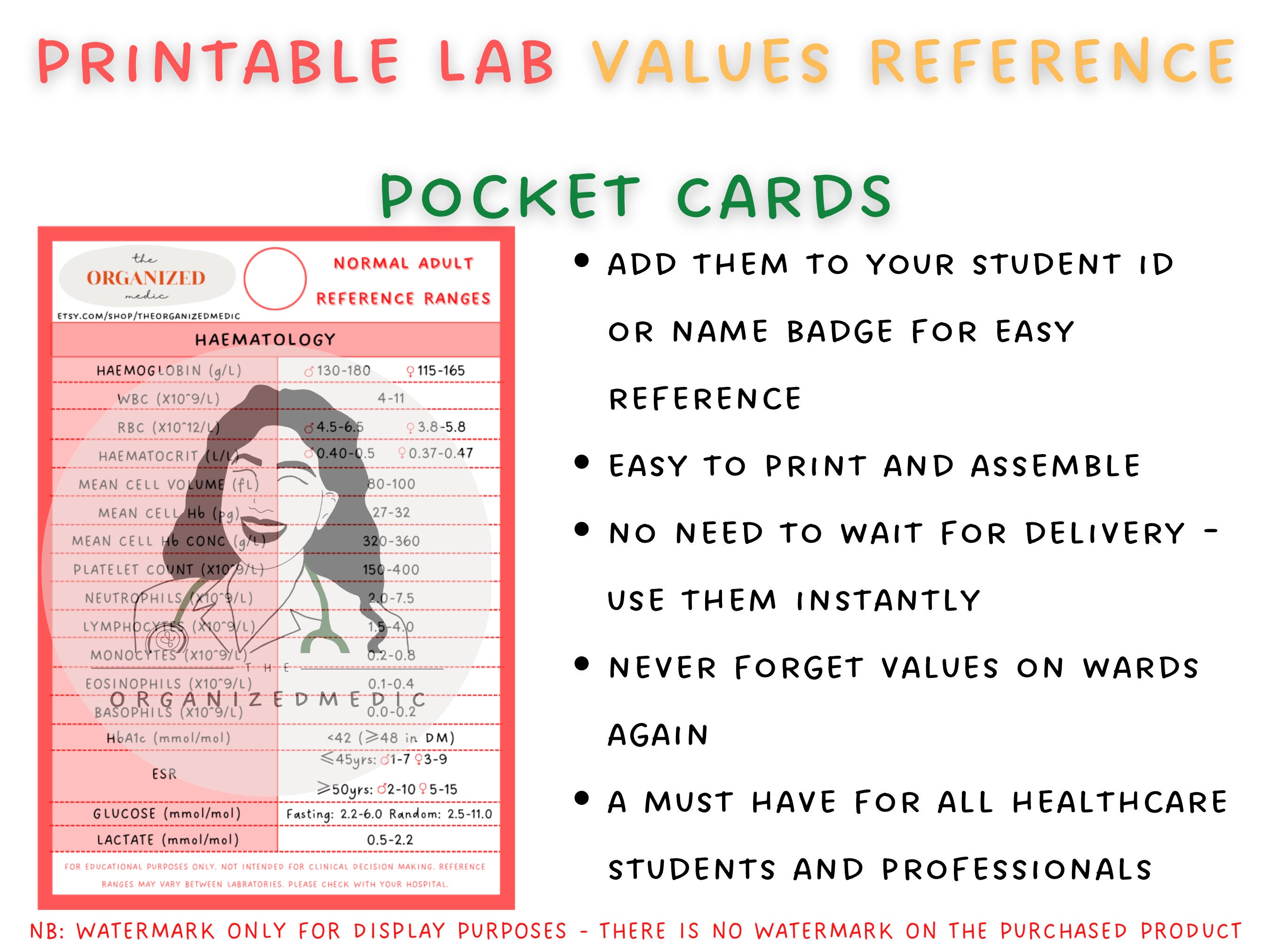Printable Lab Values Reference Cards for Healthcare (PDF Download) - Etsy