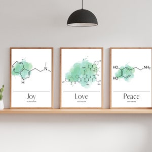 Grün Aquarell Dopamin Peace Oxytocin Liebe Serotonin Freude chemisches Molekül Wand Kunst | Wissenschaft Chemie modernes Typografie Zitat Geschenk