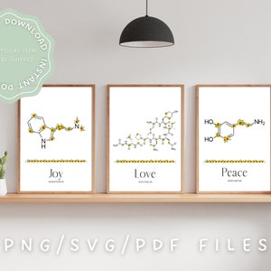 Dopamine Peace Oxytocin Love Serotonin Joy Chemical Molecule Wall Art Print, Sunflower, Science Chemistry Modern Typography Quote Gift, PDF