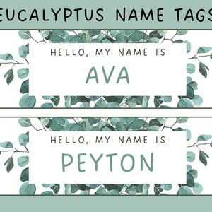Modern Farmhouse Eucalyptus Themed Editable Classroom Name Tags Label, Printable Nametags, Elementary School Name Tags, Canva Template