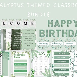 Klas Decor Bundel Display, Eucalyptus, Welkomstbord, Verjaardagsgrafiek, Inspirerende Citaten, Groei Mindset Affirmaties Posters