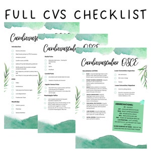 May include: A green and white checklist for a cardiovascular OSCE exam. The checklist includes sections for introduction, eyes, mouth/lips, radial pulse, carotid pulse, jugular venous pulse, hepatojugular reflex, auscultation, lower extremities inspection, and lower extremities palpation. The checklist also includes a section for abbreviations.