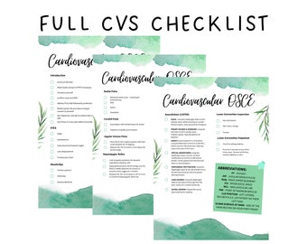 May include: A green and white checklist for a cardiovascular OSCE exam. The checklist includes sections for introduction, eyes, mouth/lips, radial pulse, carotid pulse, jugular venous pulse, hepatojugular reflex, auscultation, lower extremities inspection, and lower extremities palpation. The checklist also includes a section for abbreviations.