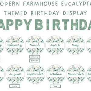 Moderne boerderij eucalyptus thema klas verjaardag grafiek display, bewerkbare naamplaatjes, Canva sjabloon, klas kunst, posters, leraar