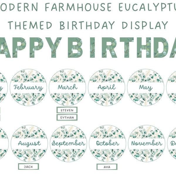 Modern Farmhouse Eucalyptus Themed Classroom Birthday Chart Display, Editable Name Tags, Canva Template, Classroom Art, Posters, Teacher