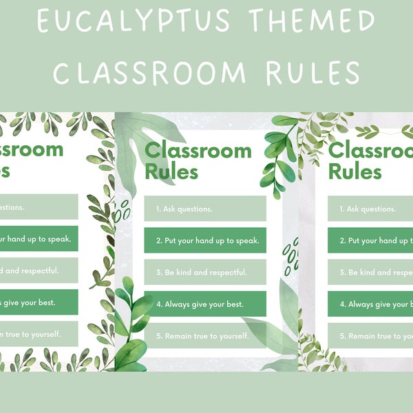 Modern Farmhouse Eucalyptus Themed Classroom Rules Printable Wall Art, Classroom Posters for Teachers Class Decor, Instant Digital Download