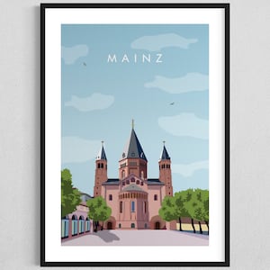 Könnte beinhalten: Eine farbenfrohe Illustration des Mainzer Doms, einer großen, historischen Kirche mit drei Türmen, vor einem blauen Himmel mit weißen Wolken. Der Text "MAINZ" ist oben im Bild in Schwarz gedruckt.