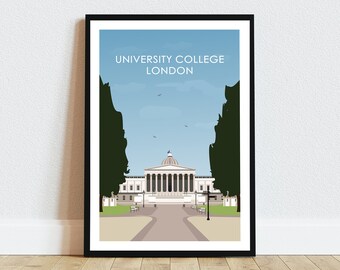 Op de afbeelding: Een zwart ingelijste poster met een wit gebouw met een koepel op het dak. Het gebouw is omgeven door bomen en de tekst "UNIVERSITY COLLEGE LONDON" staat bovenaan de poster.