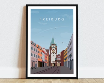 Op de afbeelding: Een zwart-witte illustratie van een straatbeeld in Freiburg, Duitsland. De illustratie toont een klokkentoren met een wijzerplaat en een spits dak. De straat wordt aan beide kanten begrensd door gebouwen, en in het midden van de straat lopen tramrails. De tekst "FREIBURG" staat bovenaan de illustratie.