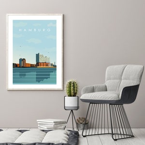Op de afbeelding: Een ingelijste print van een stadsbeeld met het woord "HAMBURG" bovenaan. Het stadsbeeld is een gestileerde illustratie van gebouwen en water. De print is in een wit frame en hangt aan een lichtgrijze muur.