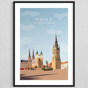 Könnte beinhalten: Eine farbenfrohe Illustration der Skyline der Stadt Halle an der Saale, Deutschland. Die Illustration zeigt einen hohen Kirchturm mit einer spitzen Spitze und mehrere andere Gebäude im Hintergrund. Der Himmel ist blau mit weißen Wolken.