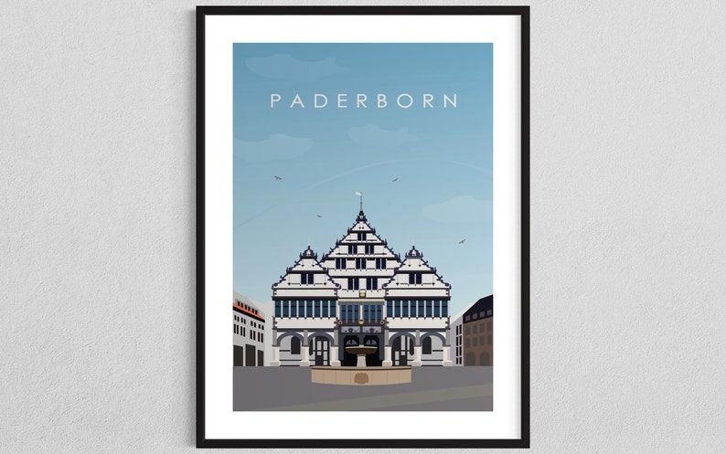 K&ouml;nnte beinhalten: Eine Schwarzwei&szlig;illustration eines Geb&auml;udes mit einem spitzen Dach und dem Text "Paderborn" dar&uuml;ber. Das Geb&auml;ude steht vor einem blauen Himmel mit wei&szlig;en Wolken.