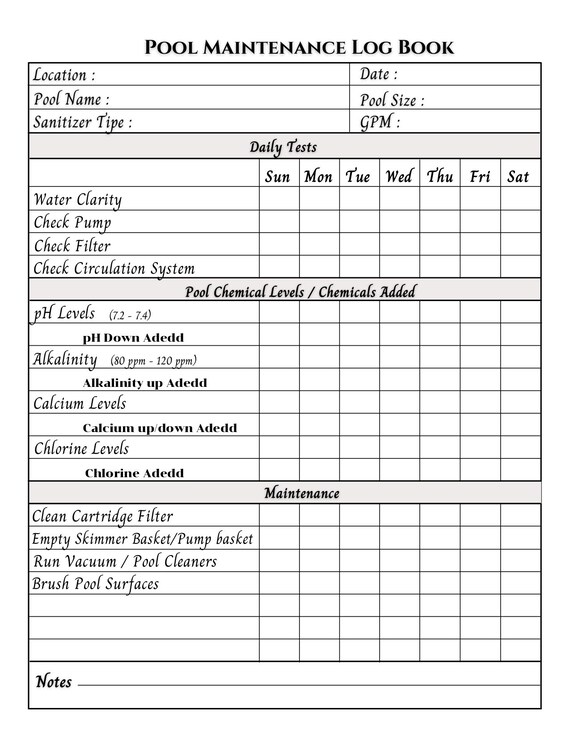 Pool Maintenance Printable Maintenance Checklist Record Your - Etsy