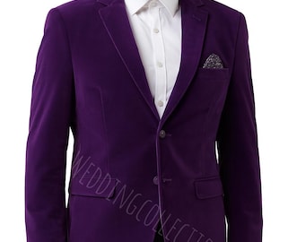 Blazer de terciopelo morado para hombre: elegante abrigo de dos botones y corte entallado.