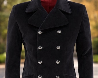 Abrigo de terciopelo negro cruzado de corte ajustado para hombre: Chaqueta para fiestas y bodas.