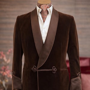Brown Velvet Smoking Jacket, Quilted Satin Lapel, Frog Button Closure