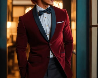 Men Velvet Maroon Wedding Night Party Wear Tuxedo Coat Men Gitf for Husband Dad Boyfriend,Men Dinner Coats