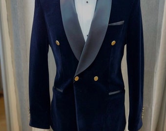 Men's Navy Velvet Blazer: Double Breasted Satin Shawl Lapel Jacket