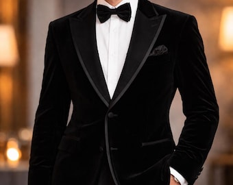 Blazer de terciopelo negro hecho a mano para hombre: solapa de chal de satén, abrigo de fiesta.