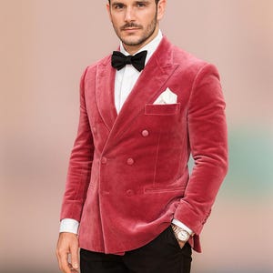 Roze fluwelen double-breasted blazer heren, handgemaakte slim-fit smokingjas