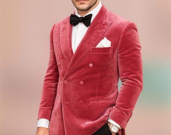 Blazer cruzado de terciopelo rosa para hombre, chaqueta de esmoquin entallada hecha a mano