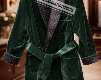 Emerald Green Velvet Robe, Quilted Collar, Luxury wedding party wear tuxedo jacket Robe