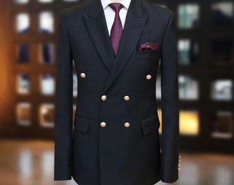 Chaqueta cruzada de lino negro para hombre: abrigo de corte entallado para boda.
