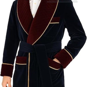 Men Blue Long Robe English Vintage Robe Luxury Elegant Long Gown Gentlemen Belted Robes