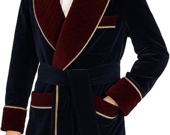 Men Blue Long Robe English Vintage Robe Luxury Elegant Long Gown Gentlemen Belted Robes