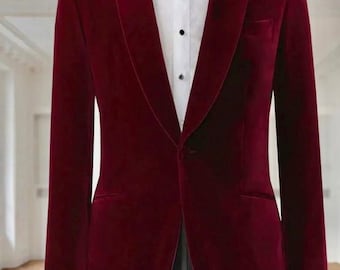 Maroon Velvet Tuxedo Blazer: Shawl Lapel Wedding Party Jackets mens