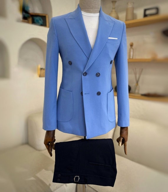 Men's Sky Blue Double Breasted Wedding Suit: Elegant Black Pant Outfit Men's Sky Blue Double Breasted Wedding Suit: Elegant Black Pant Outfit