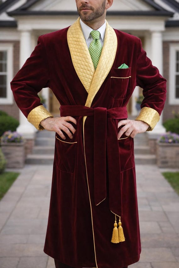Men's Maroon Velvet Smoking Robe, Satin Lapel, Vintage Gown Quilted yellow Dress Gown For Men