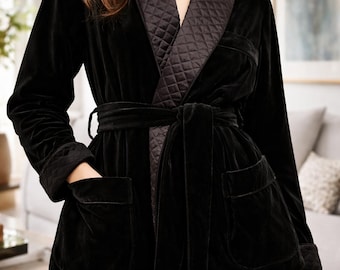 Velvet Robe Jacket - Quilted Lapel, Belted Velvet