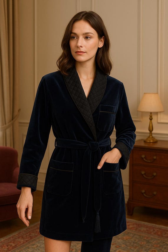 Women's Velvet Quilted Smoking Coat, Blue Party Robe