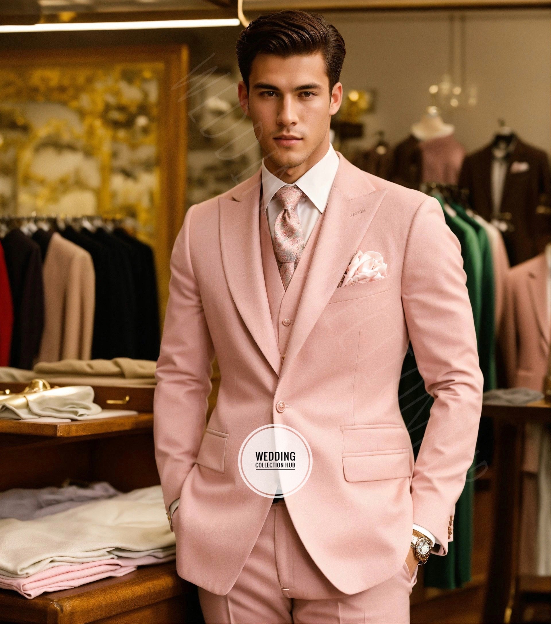 Men Pink Wedding Party Suit Men Grooms Men,Dinner,Summer Beach Groom Suit Men Elegant Three Piece Wedding Party Wear Pink Groom Suits