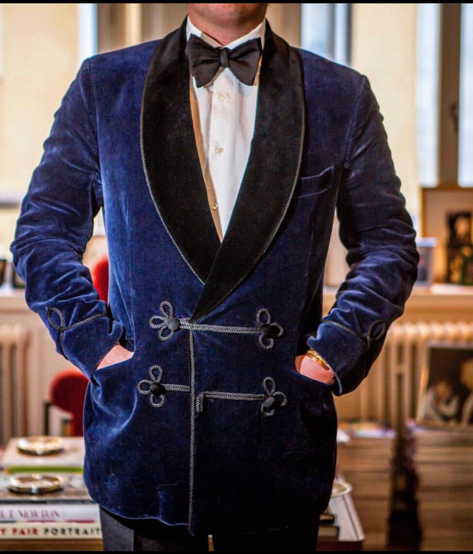 Blue Velvet Smoking Jacket, Double Breasted Shawl Collar Coat