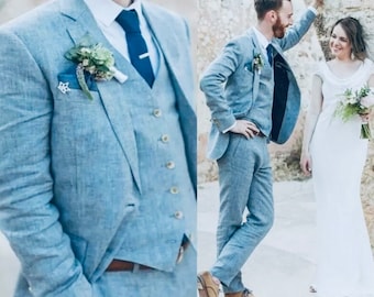 Men Sky Blue Linen Grooms Wedding Summer Suits three Piece Luxury Slim Fit Gift for husband  Linen Suit Men Beach wedding Groom Luxury Suits