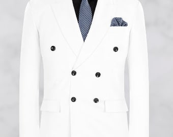 Blazer de lino blanco de doble botonadura para hombre, ideal para bodas, fiestas de Halloween y ocasiones especiales.
