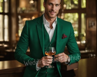 May include: A man wearing a green suit jacket with a white shirt and a vest. He is holding a glass of wine and has a red pocket square in his jacket pocket.