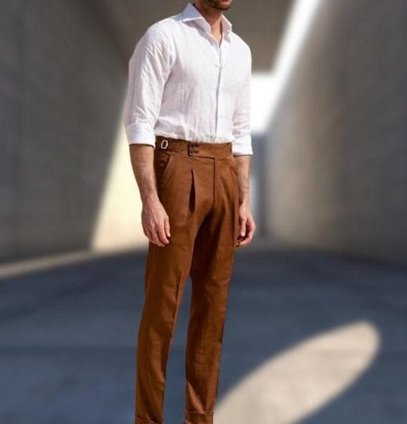 DESIGN - Pantaloni Eleganti Taglio Corto A Palloncino Marroni In Misto Lino Con Pieghe Sul Davanti - Foto 12