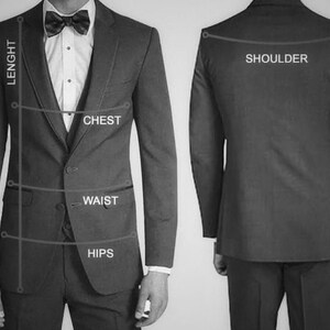 Puede incluir: Una chaqueta de traje negra con medidas de longitud, hombro, pecho, cintura y caderas.