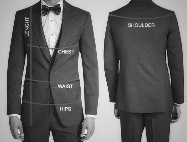 Puede incluir: Una chaqueta de traje negra con medidas de longitud, hombro, pecho, cintura y caderas.