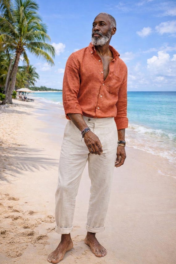 beach dress for men near me Men's Slim Fit 100% Linen Shirt: Handmade Summer Casual Wear Q2Will the material be